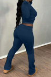 Dark Blue Skinny Round Neck Long Sleeve T-shirt and Belted Flared Pants Two Pieces Matching Sets