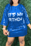 Blue Letters Sequins O Neck 3/4 Sleeve Casual Outing Straight Mini T-shirt Dresses