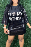 Blue Letters Sequins O Neck 3/4 Sleeve Casual Outing Straight Mini T-shirt Dresses
