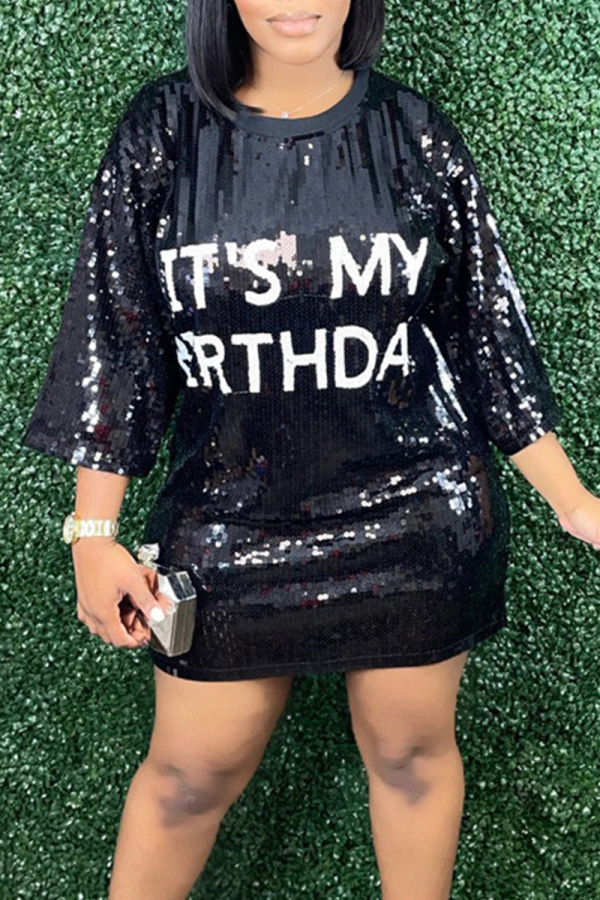 Blue Letters Sequins O Neck 3/4 Sleeve Casual Outing Straight Mini T-shirt Dresses