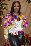 Golden Christmas Figure Girl Ballon Print Round Neck Long Sleeve Fall Winter Sweatshirts Tops
