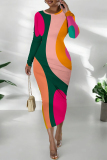 Sky Blue Formal Office Casual Outing Geometric Print O Neck Long Sleeve Bodycon Maxi Dresses