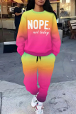 Red Purple Gradient Sportwear Letter Print Round Neck Long Sleeve Sweatshirt and Sweatpant Fall Winter Two Pieces Sweatsuit Set