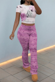 Purple Skinny Flowers Polka Dot Striped Print Contrast Round Neck Short Sleeve T-shirt and Belted Flared Pants Two Piece Sets