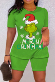 Green Christmas Outfit Grinch Cartoon Print O Neck Short Sleeve T-shirt And Shorts Casual Outing Two Pieces Shorts Sets