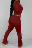 Dark Blue Skinny Round Neck Long Sleeve T-shirt and Belted Flared Pants Two Pieces Matching Sets