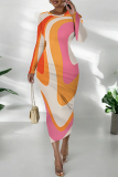 Sky Blue Formal Office Casual Outing Geometric Print O Neck Long Sleeve Bodycon Maxi Dresses