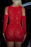 Black Butterfly Lace Print Hollow Out See-Through Bodycon One Pieces Lingerie (With Sleeves)