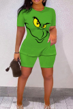 Green Christmas Outfit Grinch Cartoon Print O Neck Short Sleeve T-shirt And Shorts Casual Outing Two Pieces Shorts Sets