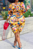 Yellow Formal Office Lady Casual Floral Print O Neck Long Sleeve Draw String Tops And Midi Skirt Plus Size Two Pieces Dress Sets