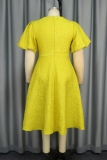 Yellow Party Formal Flowers Bow Detail Flared Sleeves Oblique Collar A Line Midi Dress