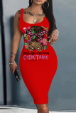 Red Pink Christmas Party Dress Graphics Print U Neck Sleeveless Knee Length Plus Size Bodycon Vest Midi Dresses