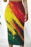 Blue Pink Casual Personalized Ink Painting Mid Waist Vacation Bodycon Maxi Skirt