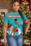Green Christmas Figure Girl Tree Print Round Neck Short Sleeve T-shirt Tops