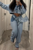 Blue Denim Contrast Buttons Contrast Turndown Collar Long Sleeve Jacket and Ankle Banded Pants Two Piece Sets