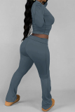 Dark Blue Skinny Round Neck Long Sleeve T-shirt and Belted Flared Pants Two Pieces Matching Sets