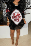 Yellow Sequins O Neck 3/4 Sleeve Straight Loose Casual Outing Mini T-shirt Dresses