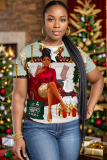 Green Christmas Figure Girl Tree Print Round Neck Short Sleeve T-shirt Tops