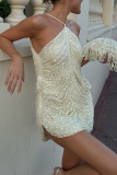 White Party Formal Evening Prom Beaded Sleeveless Bodycon Halter Mini Dresses