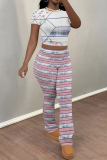 Purple Skinny Flowers Polka Dot Striped Print Contrast Round Neck Short Sleeve T-shirt and Belted Flared Pants Two Piece Sets