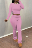 Dark Blue Skinny Round Neck Long Sleeve T-shirt and Belted Flared Pants Two Pieces Matching Sets