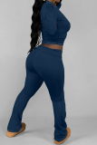 Dark Blue Skinny Round Neck Long Sleeve T-shirt and Belted Flared Pants Two Pieces Matching Sets