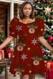 Red Khaki Christmas Party Outfits Graphcis Print Square Neck Short Sleeve Pleated Mini Dress