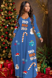 Blue Christmas Party Outfits Santa Claus Snowflake Print Long Sleeve Floor Length Loose Vacation Baggy Maxi Dress