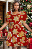 Red Khaki Christmas Party Outfits Graphcis Print Square Neck Short Sleeve Pleated Mini Dress