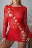 Black Rhinestones Long Sleeve Hollow Out See-Through Bodycon One Pieces Lingerie