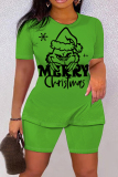 Green Christmas Outfit Grinch Cartoon Print O Neck Short Sleeve T-shirt And Shorts Casual Outing Two Pieces Shorts Sets