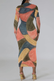 Sky Blue Formal Office Casual Outing Geometric Print O Neck Long Sleeve Bodycon Maxi Dresses