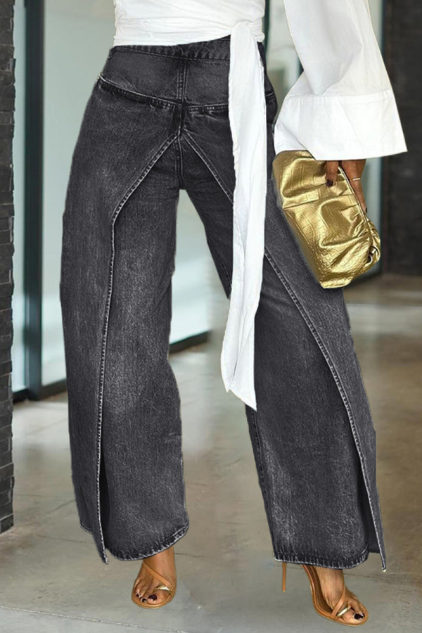 Blue Casual Loose Patchwork Mid Waist Straight Banana Shaped Fake Two Denim Wide-leg Pants Jeans