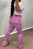 Purple Skinny Flowers Polka Dot Striped Print Contrast Round Neck Short Sleeve T-shirt and Belted Flared Pants Two Piece Sets