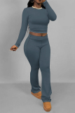 Dark Blue Skinny Round Neck Long Sleeve T-shirt and Belted Flared Pants Two Pieces Matching Sets