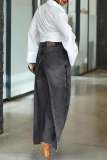 Blue Casual Loose Patchwork Mid Waist Straight Banana Shaped Fake Two Denim Wide-leg Pants Jeans