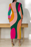 Sky Blue Formal Office Casual Outing Geometric Print O Neck Long Sleeve Bodycon Maxi Dresses