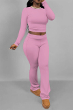 Dark Blue Skinny Round Neck Long Sleeve T-shirt and Belted Flared Pants Two Pieces Matching Sets