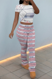 Purple Skinny Flowers Polka Dot Striped Print Contrast Round Neck Short Sleeve T-shirt and Belted Flared Pants Two Piece Sets
