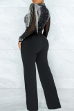Black Formal Evening Party Prom Hot Drill Zipper O Neck Long Sleeve Straight Legs Jumpsuits