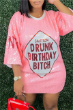 Yellow Sequins O Neck 3/4 Sleeve Straight Loose Casual Outing Mini T-shirt Dresses