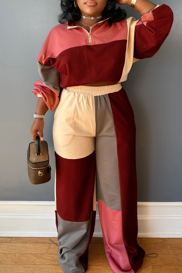 Tangerine Contrast Draw String Zip-up Stand Collar Long Sleeve Sweatshirt and Wide Leg Sweatpants Fall Winter Two Piece Sweatsuit Sets