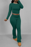 Dark Blue Skinny Round Neck Long Sleeve T-shirt and Belted Flared Pants Two Pieces Matching Sets