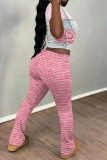 Purple Skinny Flowers Polka Dot Striped Print Contrast Round Neck Short Sleeve T-shirt and Belted Flared Pants Two Piece Sets