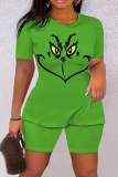 Green Christmas Outfit Grinch Cartoon Print O Neck Short Sleeve T-shirt And Shorts Casual Outing Two Pieces Shorts Sets