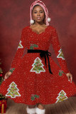 Claret Christmas Party Outfits Casual Christmas Tree Santa Claus Print With Belt V Neck Long Sleeve A Line Pleated Mini Dresses