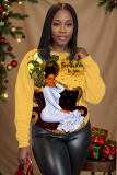 Golden Christmas Figure Girl Ballon Print Round Neck Long Sleeve Fall Winter Sweatshirts Tops