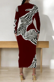 Sky Blue Formal Office Casual Outing Geometric Print O Neck Long Sleeve Bodycon Maxi Dresses
