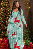 Blue Christmas Party Outfits Santa Claus Snowflake Print Long Sleeve Floor Length Loose Vacation Baggy Maxi Dress