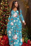 Blue Christmas Party Outfits Santa Claus Snowflake Print Long Sleeve Floor Length Loose Vacation Baggy Maxi Dress